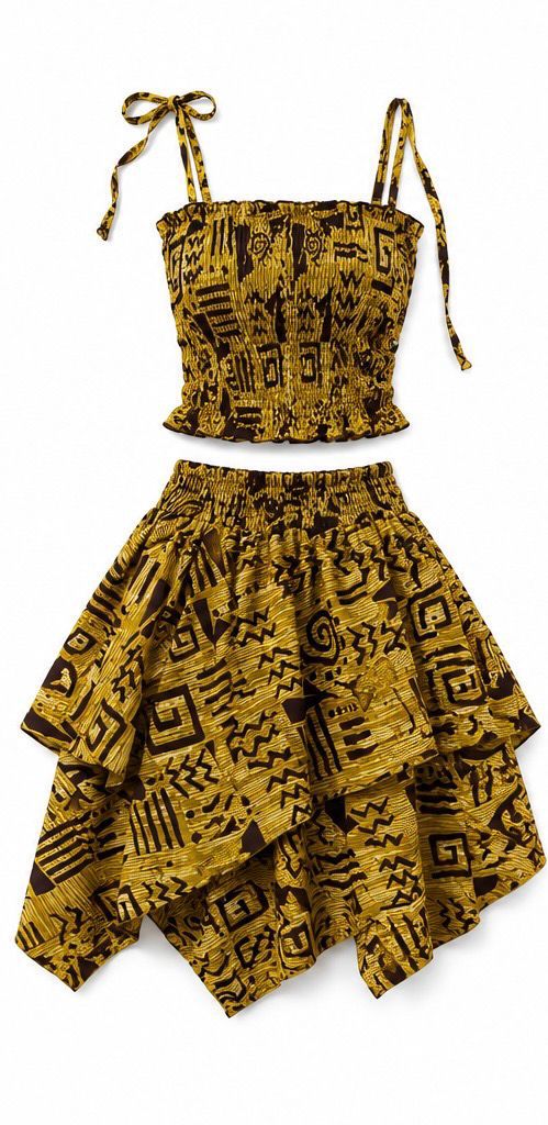 Gold Adinkra-print smocked crop top + layered skirt set — image 1