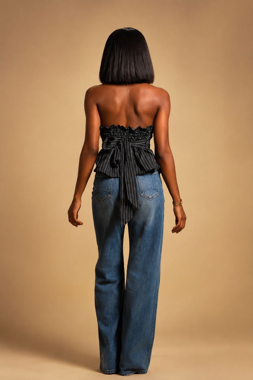 Black pinstripe strapless corset top with bow tie back — image 2