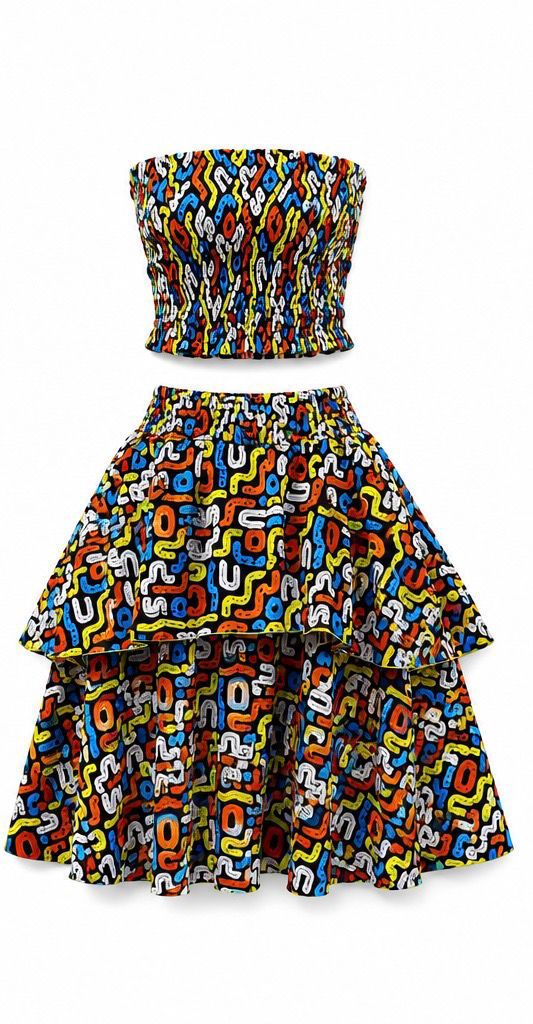 Multicolour abstract print bandeau crop top + tiered skirt set
