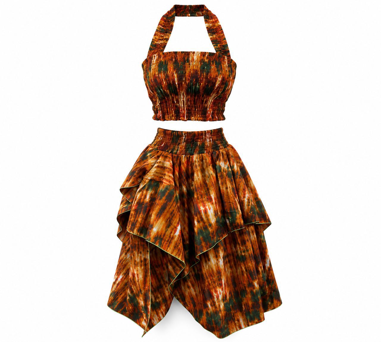 Rust tie-dye print halter crop top + layered handkerchief skirt set